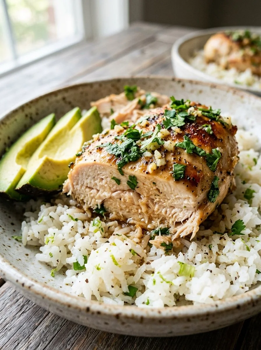 Delicious cilantro lime chicken garnished with fresh cilantro and lime slices