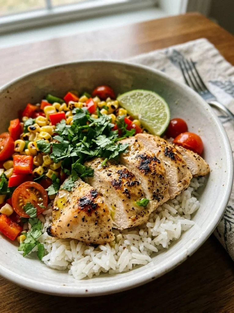 Bowl of cilantro lime chicken with fresh vegetables and lime slices