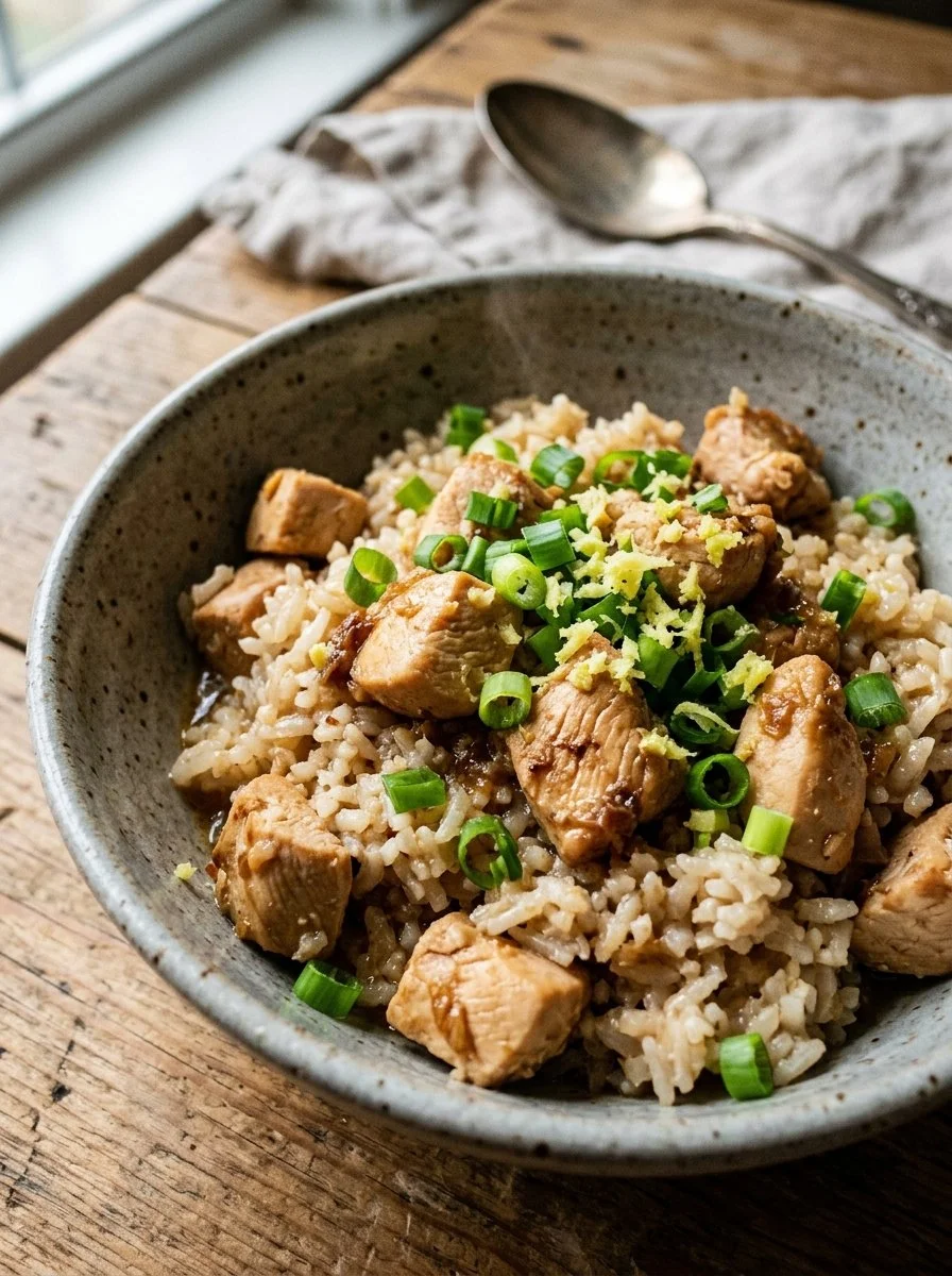 Coconut Chicken Rice Bowl with tender chicken, coconut milk, and vegetables