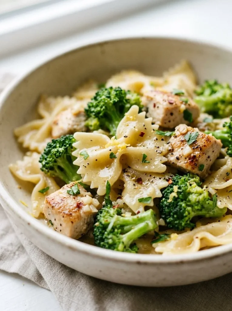 Cowboy Butter Lemon Bowtie Chicken with Broccoli dish garnished and served on a plate.