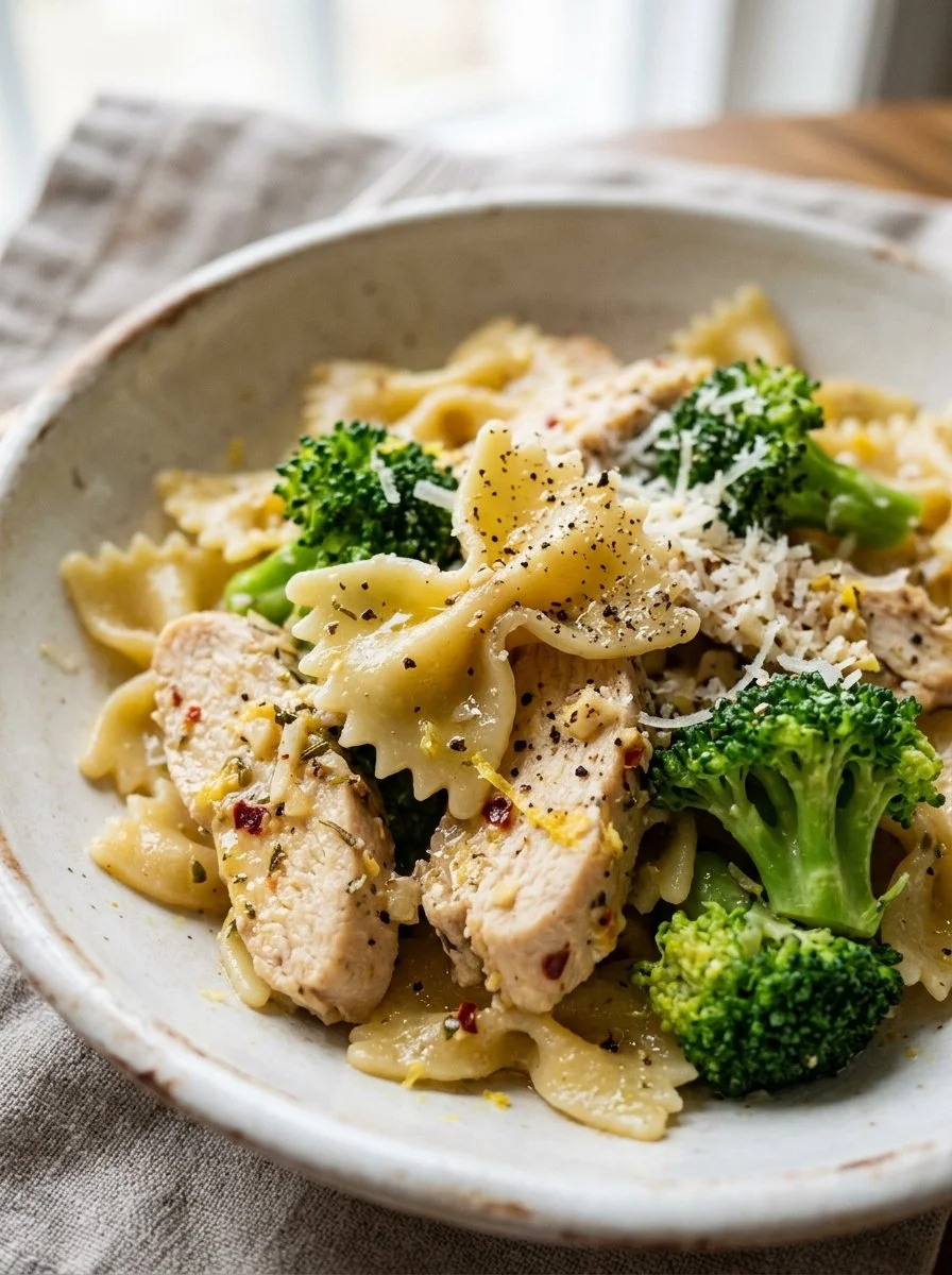 Dish of Cowboy Butter Lemon Bowtie Chicken with Broccoli served on a plate