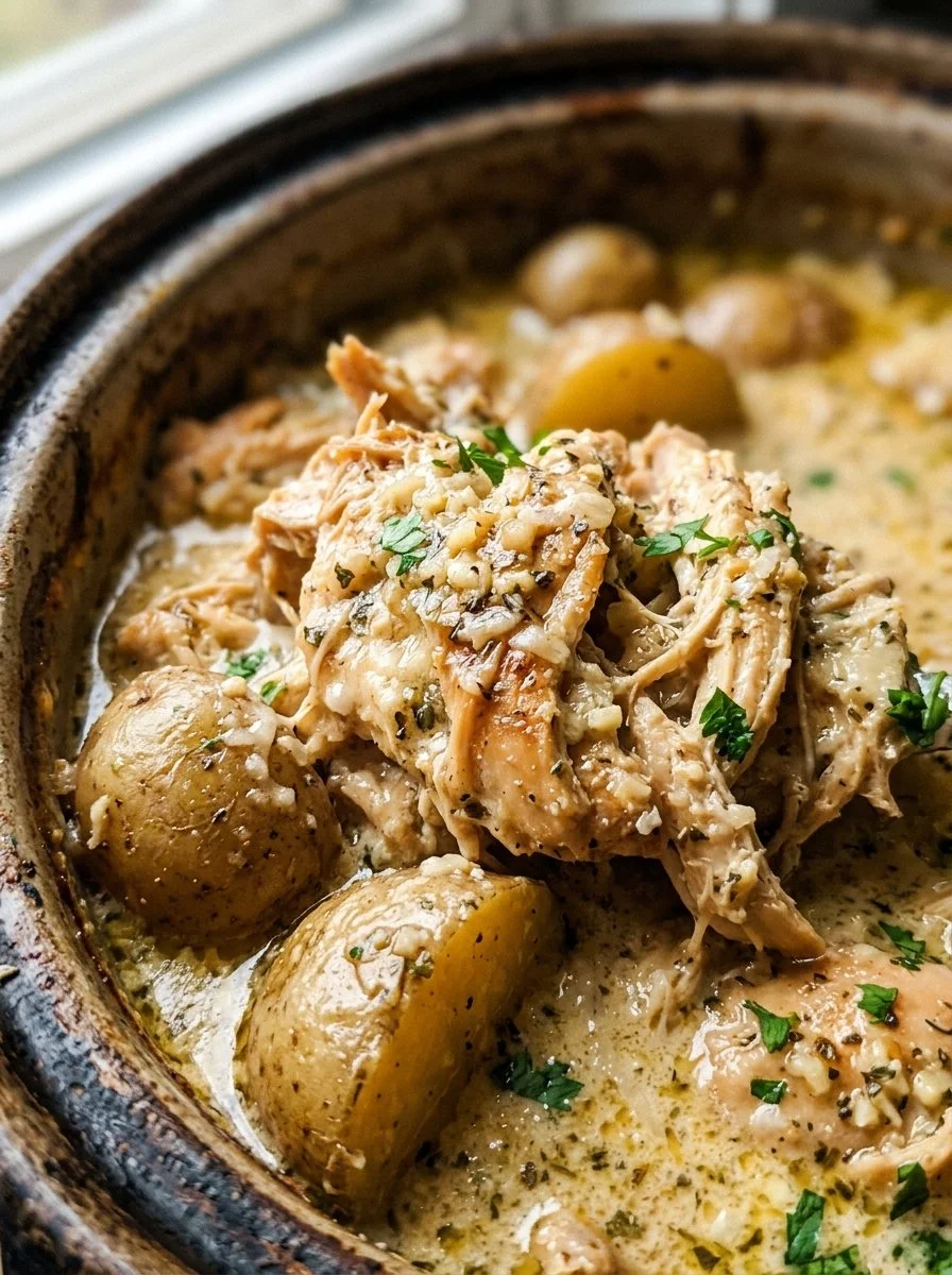 Crockpot Garlic Parmesan Chicken served with flavorful seasoned potatoes