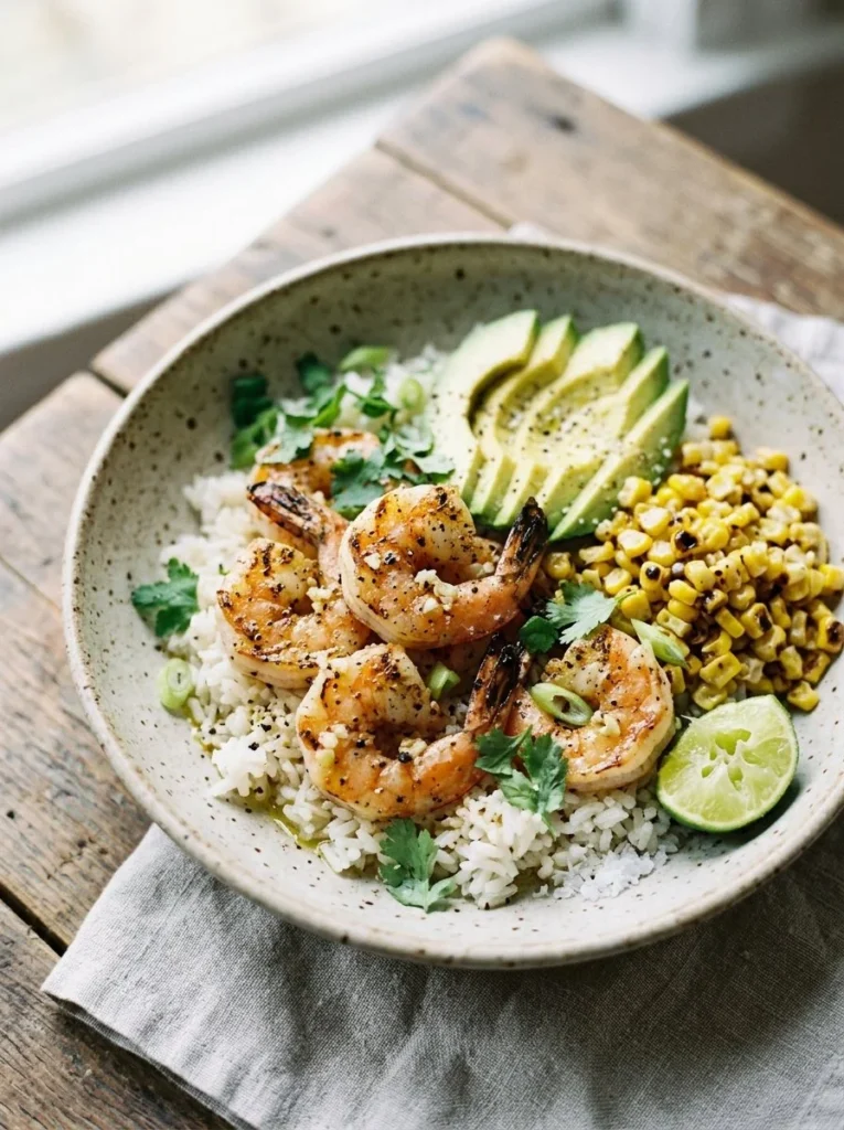 Delicious easy grilled shrimp bowl with fresh vegetables and spices