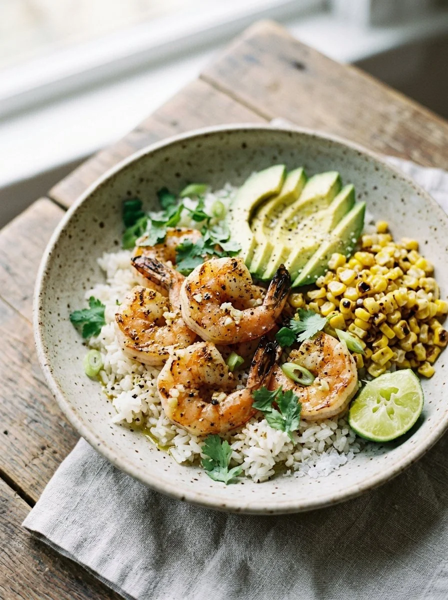 Delicious easy grilled shrimp bowl with fresh vegetables and spices