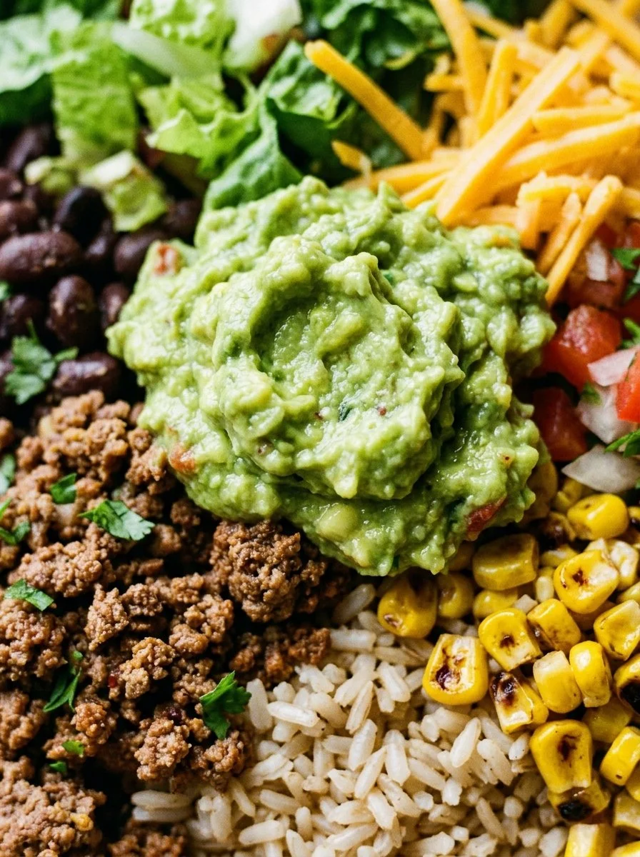 Easy homemade burrito bowls with fresh ingredients in a colorful bowl