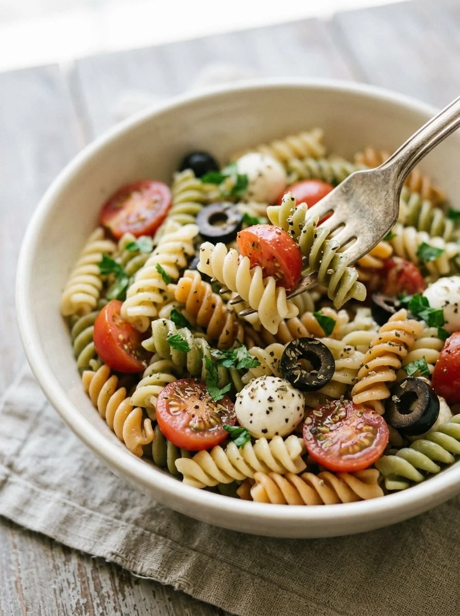 Delicious summer pasta salad with fresh vegetables and dressing on a plate