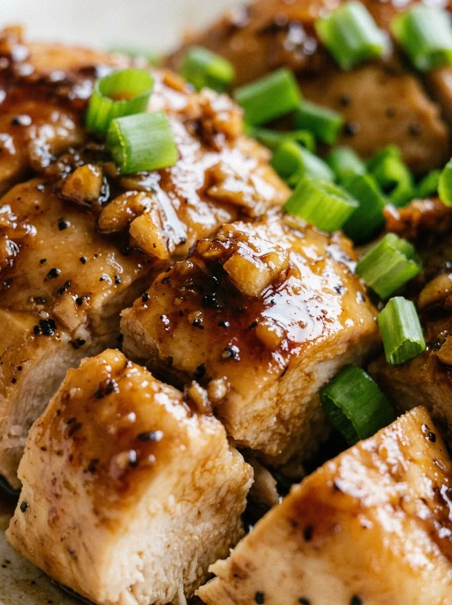 Plate of easy honey garlic chicken garnished with green onions