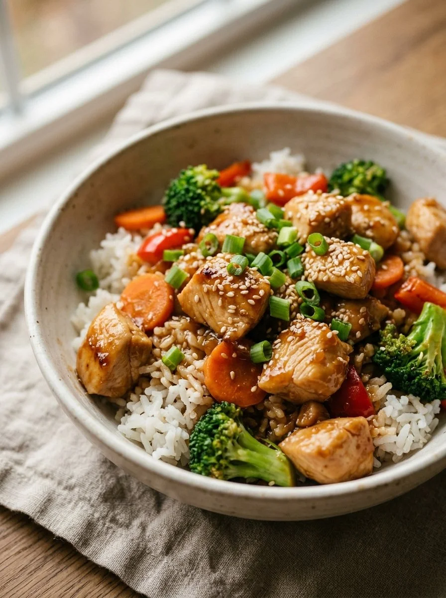 Healthy sticky chicken bowls with colorful vegetables and a savory sauce