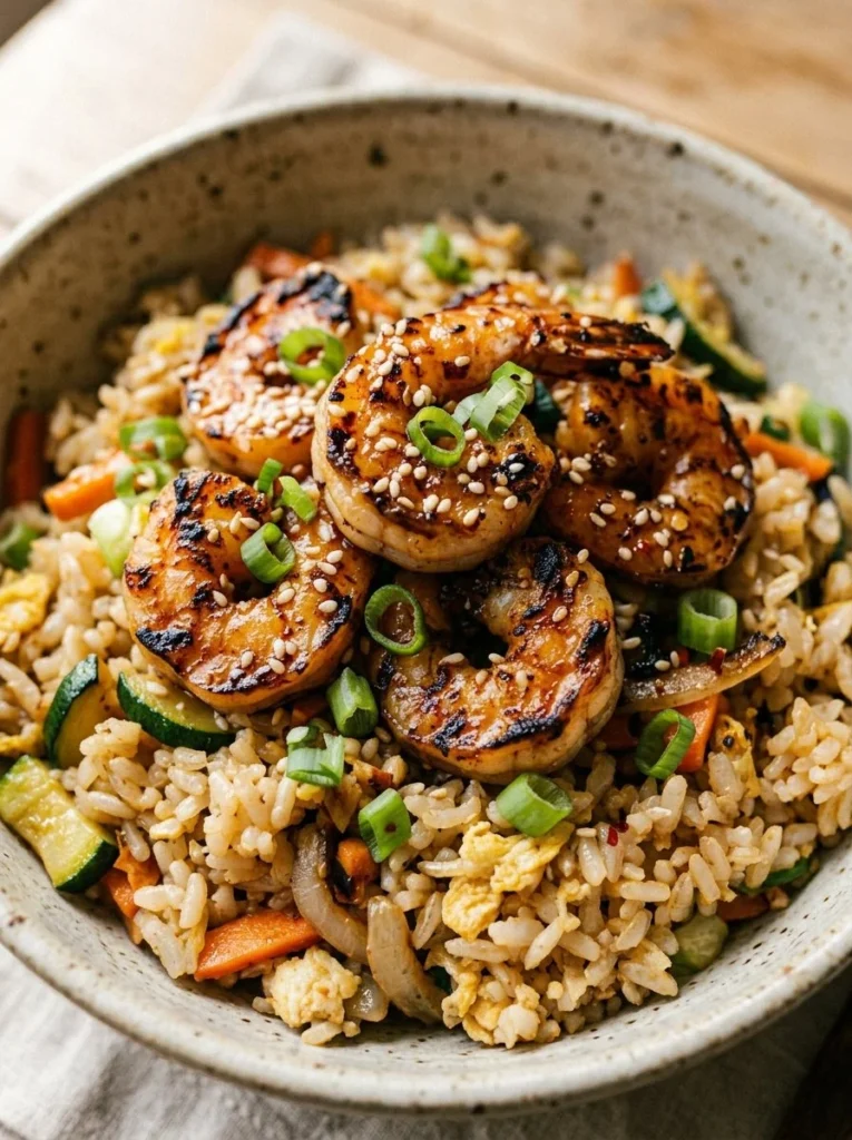 Tasty Hibachi Shrimp Rice Bowl with shrimp, vegetables, and rice