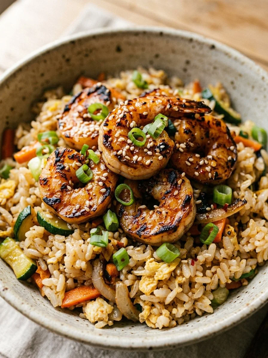 Tasty Hibachi Shrimp Rice Bowl with shrimp, vegetables, and rice