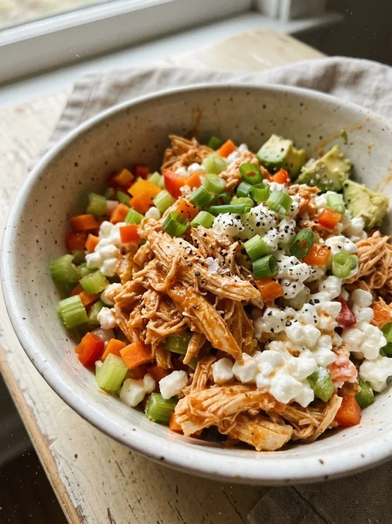 High protein buffalo chicken and cottage cheese bowl recipe with fresh ingredients