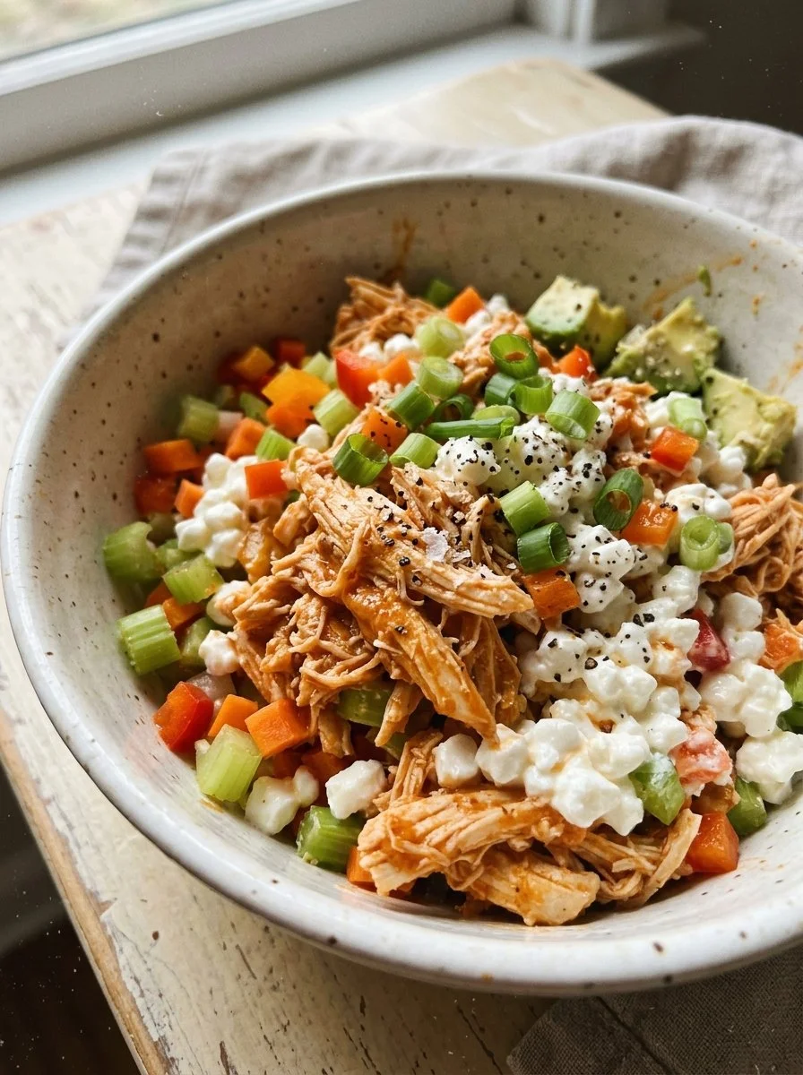 High protein buffalo chicken and cottage cheese bowl recipe with fresh ingredients