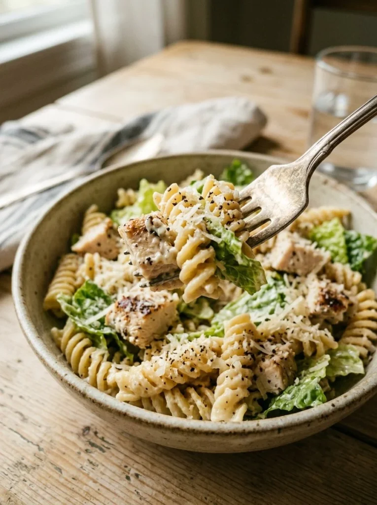 High-Protein Caesar Pasta Salad with fresh ingredients and dressing