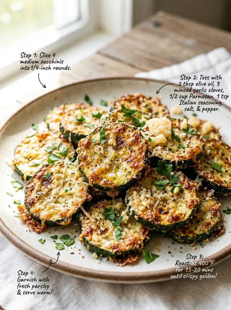 Crunchy garlic parmesan roasted zucchini recipe served in a bowl