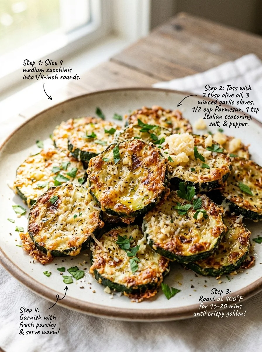 Crunchy garlic parmesan roasted zucchini recipe served in a bowl