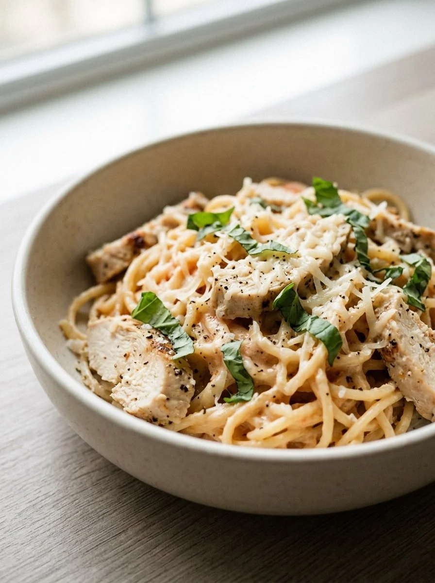 Low calorie chicken parmesan pasta dish garnished with herbs and cheese