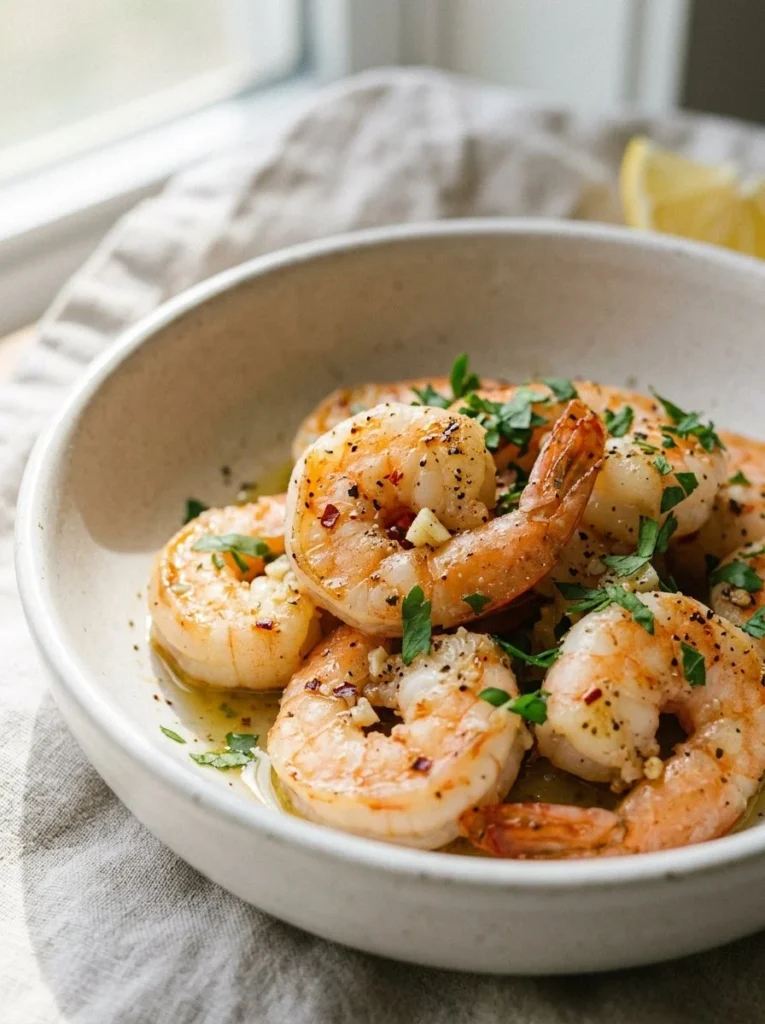 Plate of low calorie garlic shrimp garnished with herbs