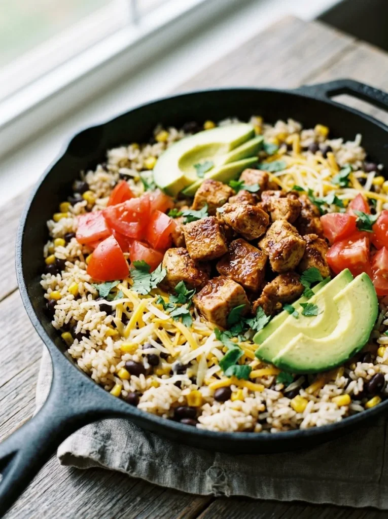 Delicious One-Pan Chicken Burrito Bowl with fresh ingredients.