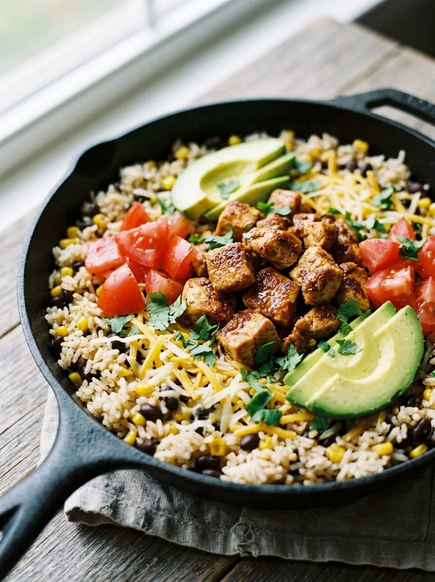 Delicious One-Pan Chicken Burrito Bowl with fresh ingredients.