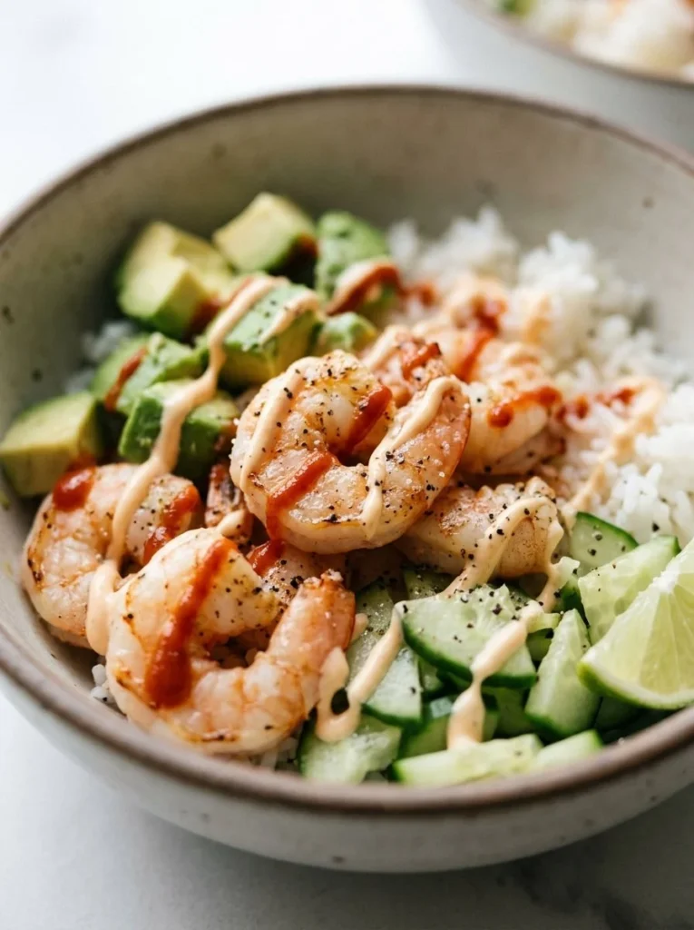Delicious shrimp rice bowls topped with spicy mayo and fresh ingredients
