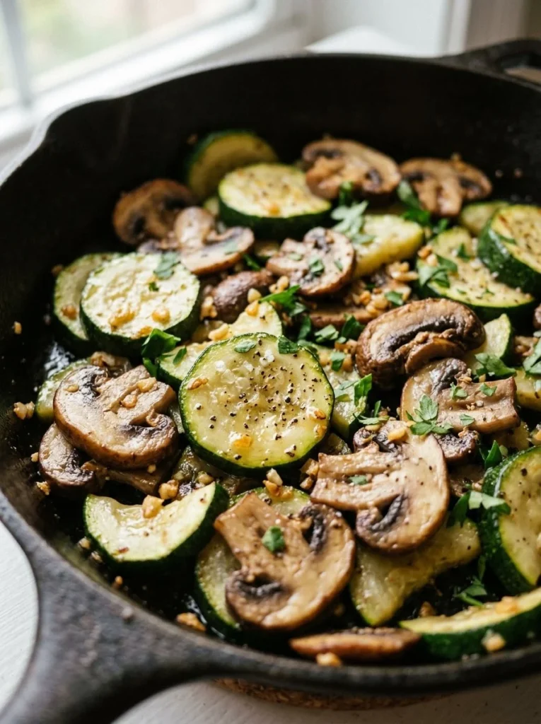 Sautéed skillet zucchini with mushrooms in a frying pan