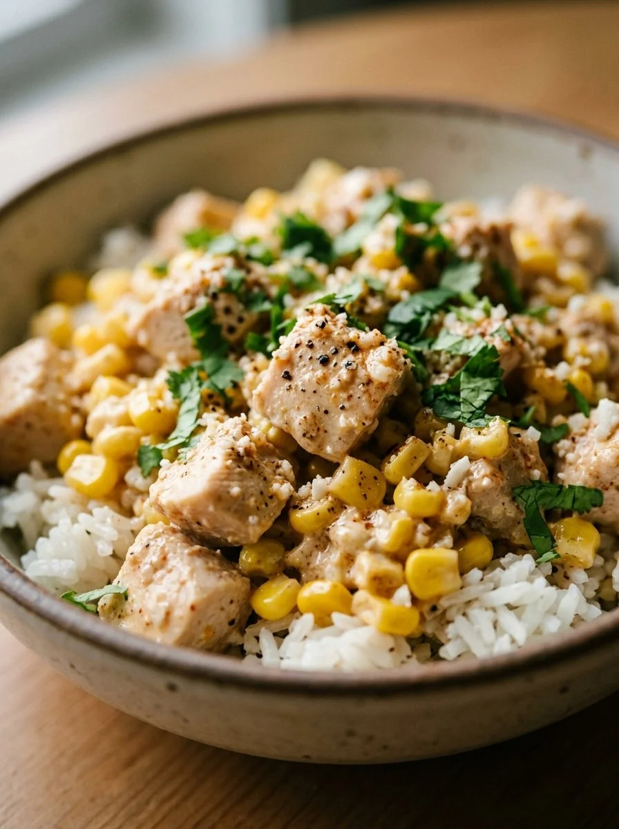 Delicious Street Corn Chicken Rice Bowl with grilled chicken and corn