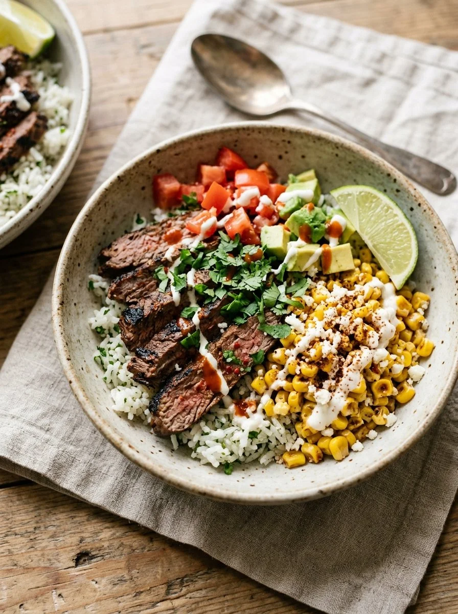 Delicious Street Corn Steak Rice Bowl with vibrant toppings and juicy steak