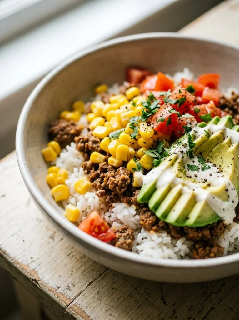 Delicious Taco Rice Bowl with seasoned meat, vegetables, and rice