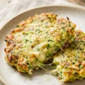 Golden brown zucchini fritters served on a plate with dipping sauce