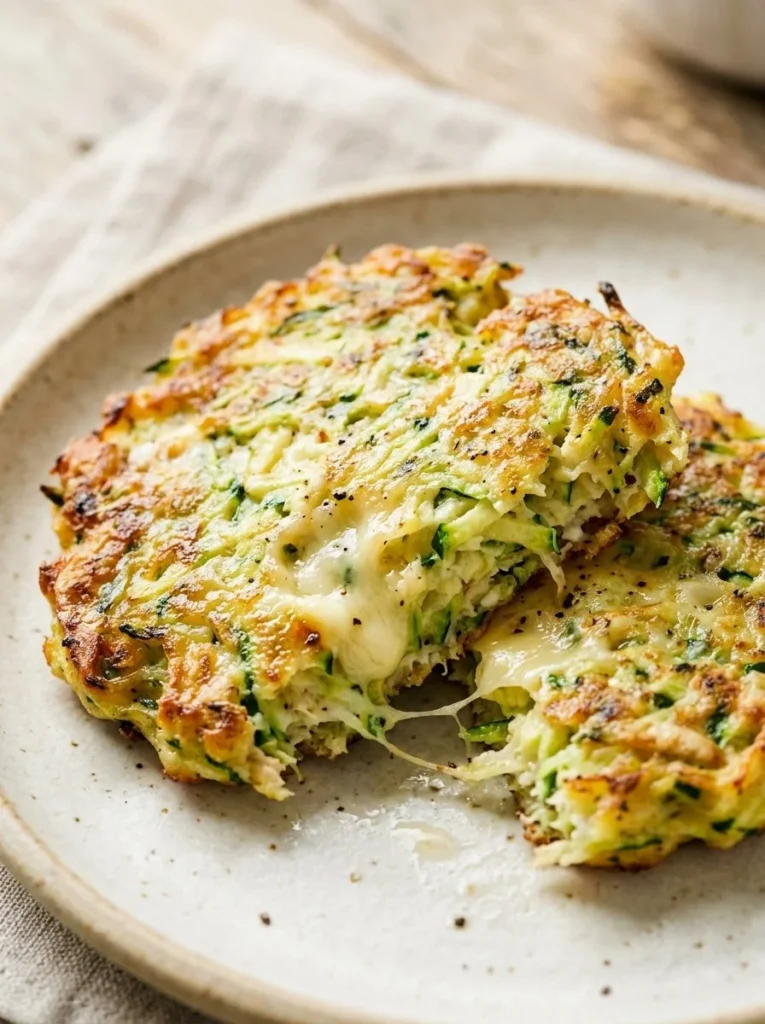 Golden brown zucchini fritters served on a plate with dipping sauce