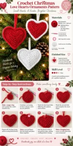 Crochet Christmas Love Hearts Ornament pattern for holiday decorations