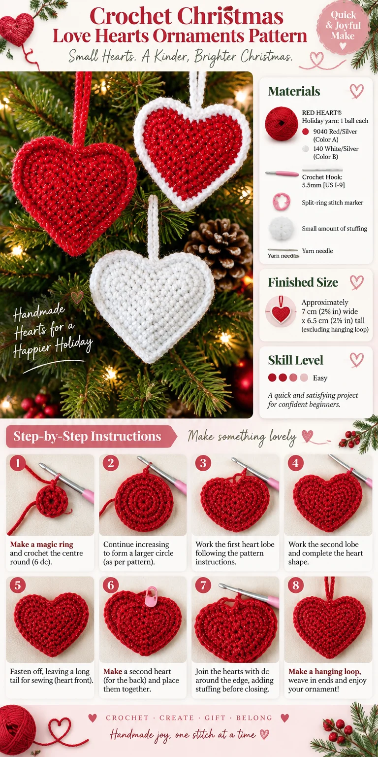 Crochet Christmas Love Hearts Ornament pattern for holiday decorations