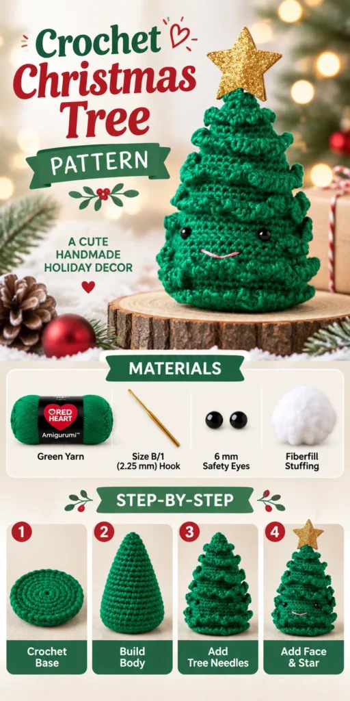 Handcrafted crochet Christmas tree pattern for festive decorations.
