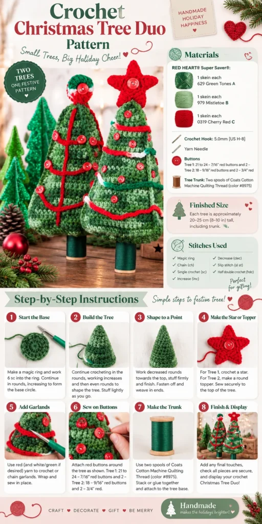 Crochet pattern for Christmas tree duo decoration.