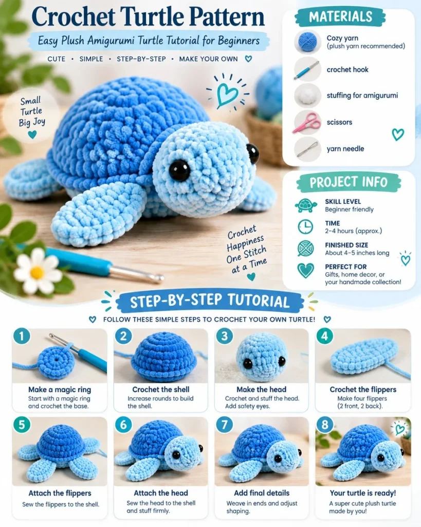 Cute crochet turtle created using an easy amigurumi pattern for beginners.