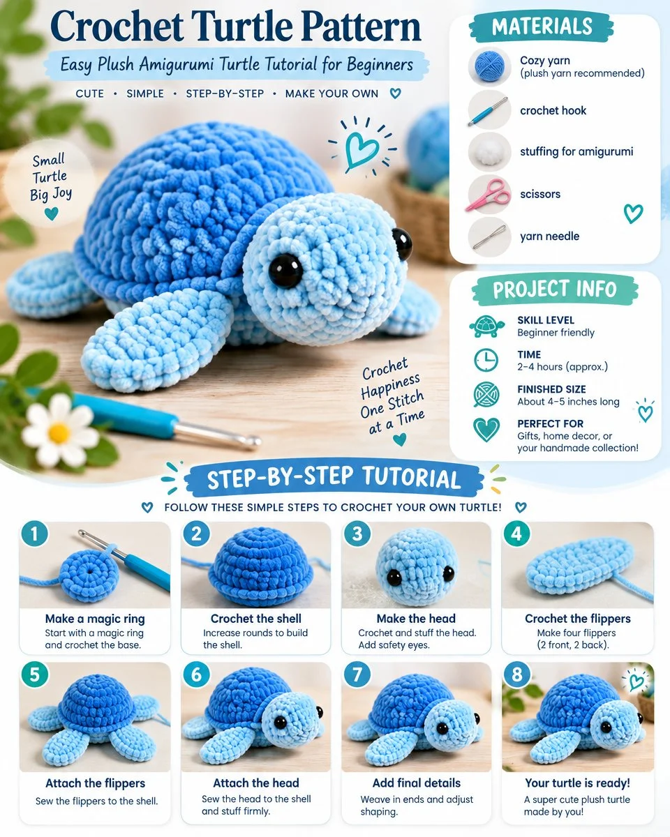 Cute crochet turtle created using an easy amigurumi pattern for beginners.