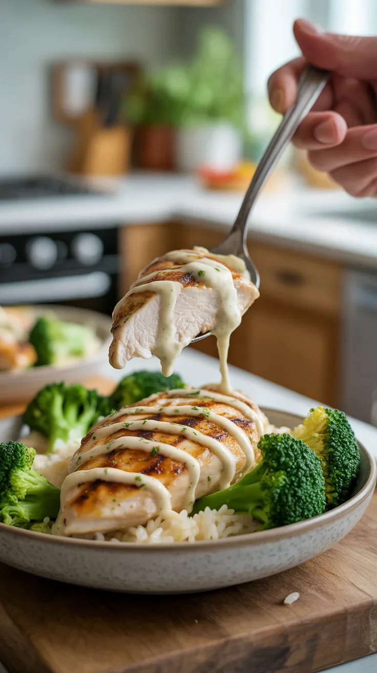 Grilled Chicken & Broccoli Bowls with Creamy Garlic Sauce – Healthy, Savory & Delicious!